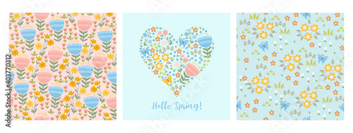 Set of patterns with cute spring flowers. Vector graphics.