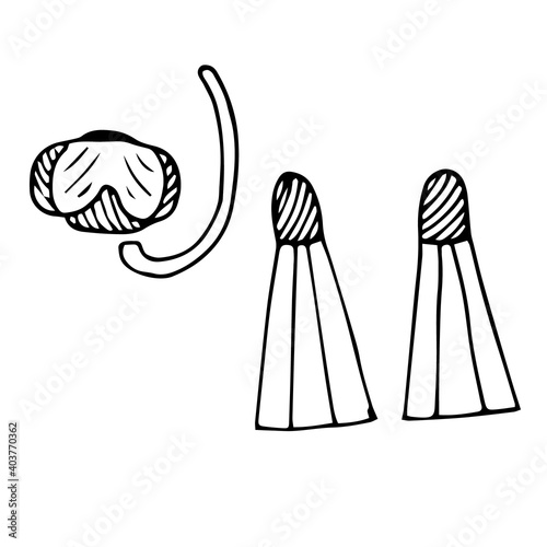 Vector doodle illustration swimming accessories, snorkel mask and fins
