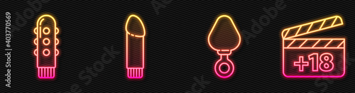 Set line Anal plug, Dildo vibrator, Dildo vibrator and Movie clapper with 18 plus content. Glowing neon icon. Vector.
