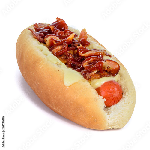 Chilean hot dog with mustard,  ketchup, meat and avocado