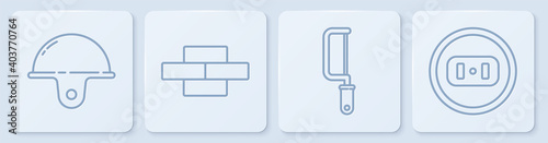 Set line Worker safety helmet, Hacksaw, Bricks and Electrical outlet. White square button. Vector.