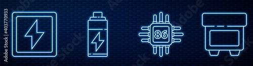 Set line Processor with microcircuits CPU, Lightning bolt, Battery and Fuse. Glowing neon icon on brick wall. Vector.