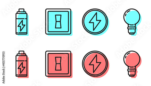 Set line Lightning bolt, Battery, Electric light switch and Light bulb with concept of idea icon. Vector.