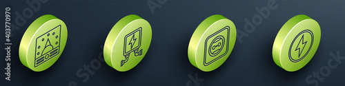 Set Isometric Ampere meter, multimeter, voltmeter, Electric transformer, Electrical outlet and Lightning bolt icon. Vector.