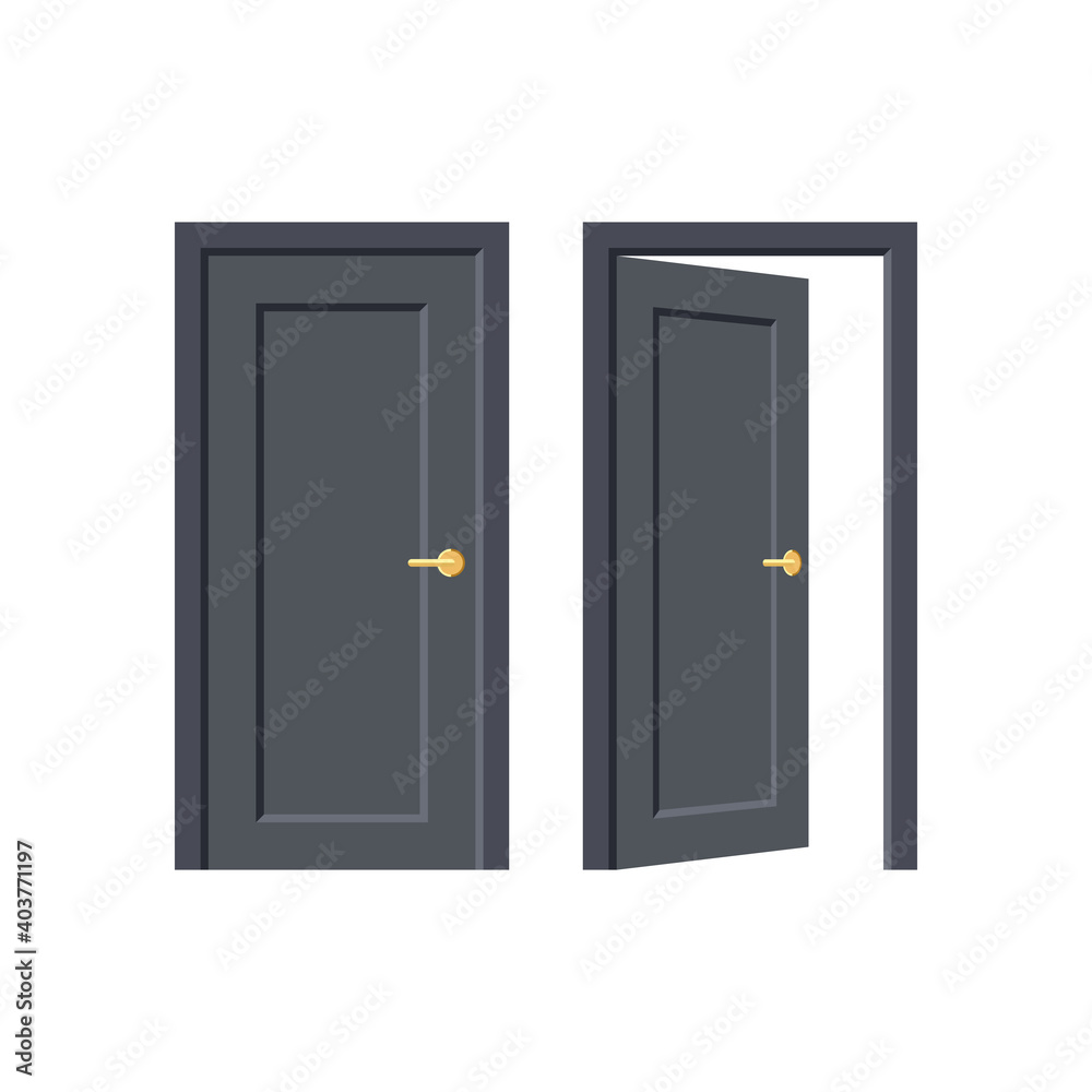 Black door. Doorway concept. Open and close door isolated on white background. Building and room entrance element mockup. Vector illustration Black door. Doorway concept. Open and close door isolated on white background. Building and room entrance element mockup. Vector illustration
