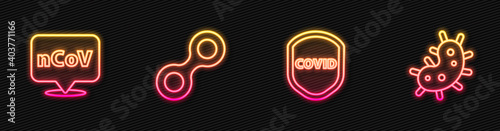 Set line Shield protecting from virus, Corona 2019-nCoV on location, Virus and . Glowing neon icon. Vector.