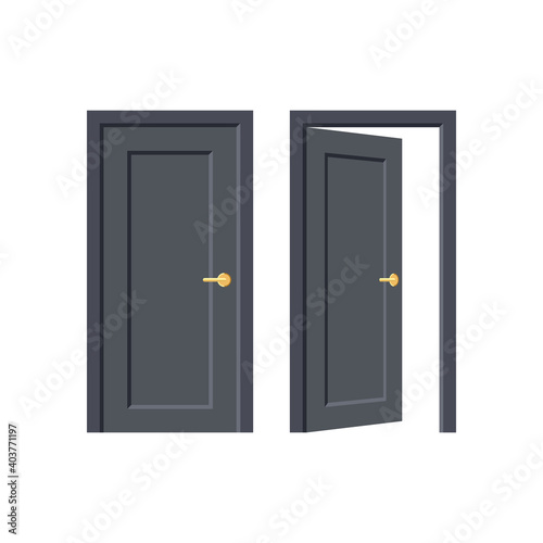 Black door. Doorway concept. Open and close door isolated on white background. Building and room entrance element mockup. Vector illustration