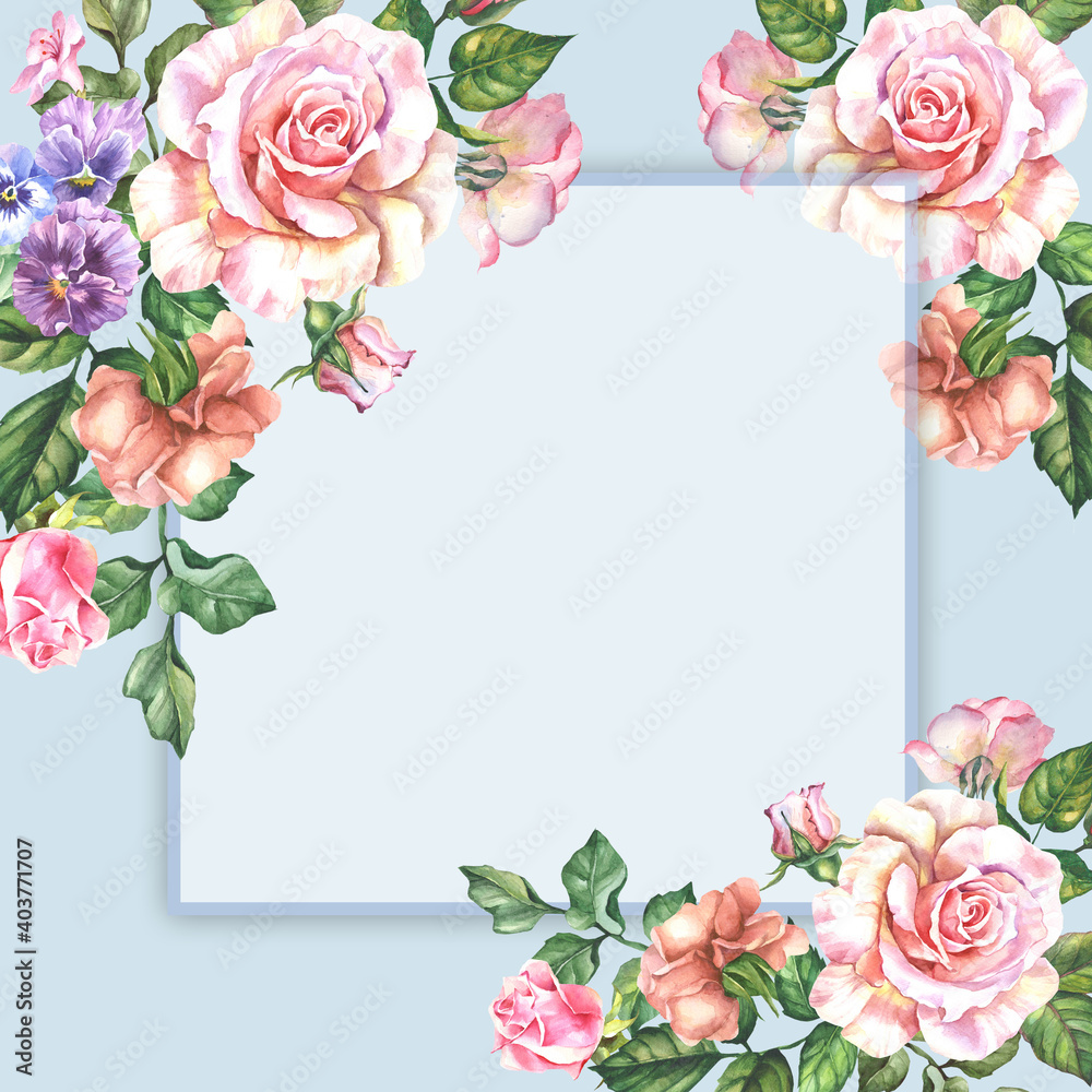frame with roses.watercolor flowers