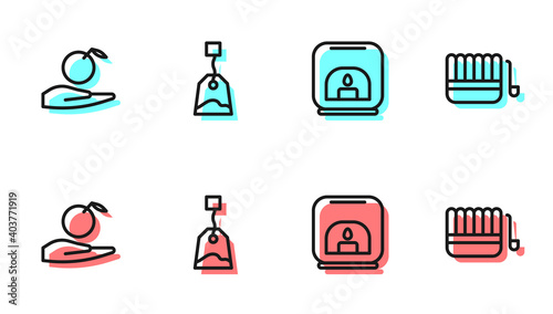 Set line Aroma lamp, Apple in hand, Tea bag and Sauna bucket ladle icon. Vector.