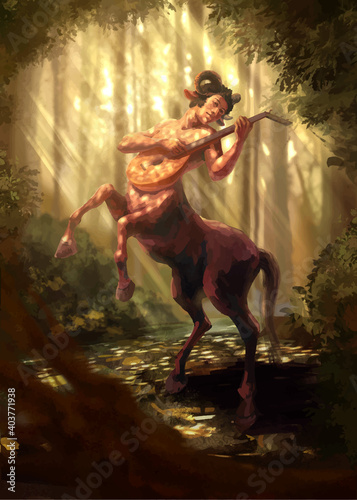 Centaur play on guitar in forest