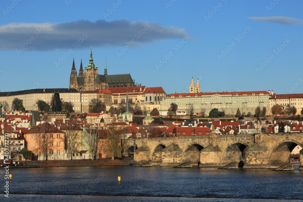 View to the famous Charles Bridge and Prague Castle with St. Vitus Cathedral, UNESCO World Heritage Site, Prague, Bohemia, Czech Republic, Europe	