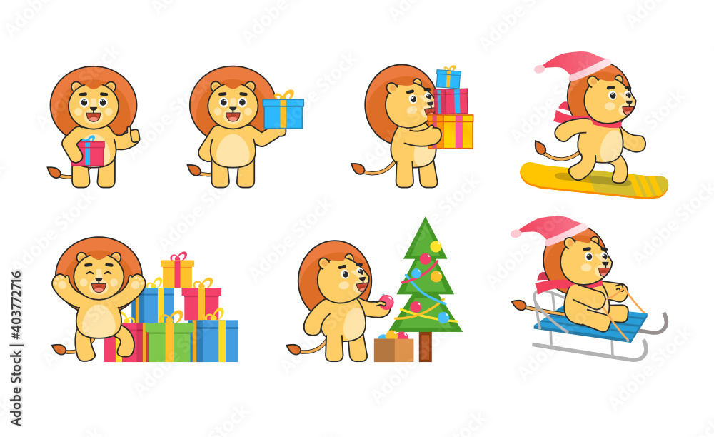 Fototapeta premium Christmas set of lion mascot characters in various situations. Cute lion holding gift box, snowboarding, riding sleigh and showing other actions. Vector illustration bundle