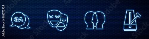 Set line Bipolar disorder, Question and Answer, Comedy tragedy masks and Metronome with pendulum. Glowing neon icon on brick wall. Vector.