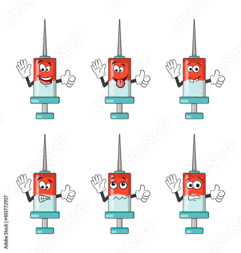Syringe character cartoon icon set. Coronavirus vaccine cute mascot symbol collection. Vector illustration isolated on white background.