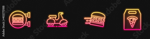 Set line Online ordering burger delivery, , Scooter and pizza. Glowing neon icon. Vector.