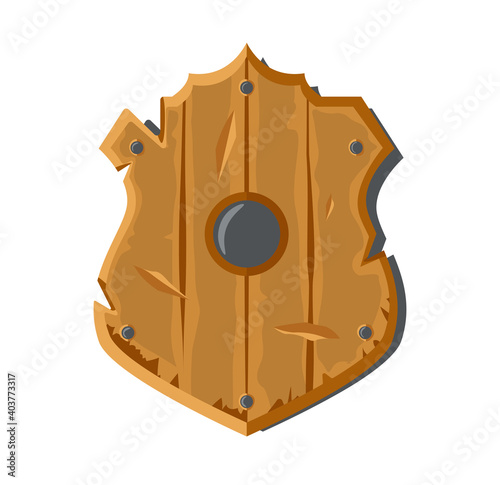 Wood cartoon old scratched shield icon,asset, element for casual mobile game. Fantasy concept, ui game element for wood defend. Knight texured guard . Flat vector isolated on white.