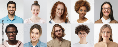 Collage of portraits and faces of multiracial group of various smiling young people, good use for userpic and profile picture. Diversity concept photo
