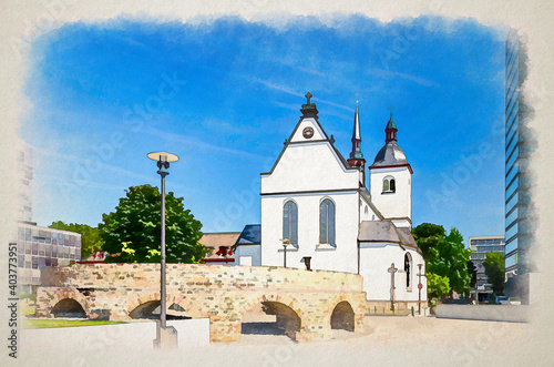 Watercolor drawing of Deutz Abbey Benedictine monastery or Alt Saint Heribert Greek Orthodox church building in city centre photo