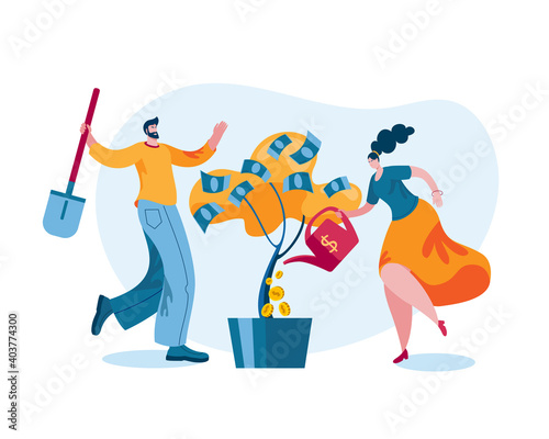 A woman and a man grow a money tree. Illustration on the topic of investment.