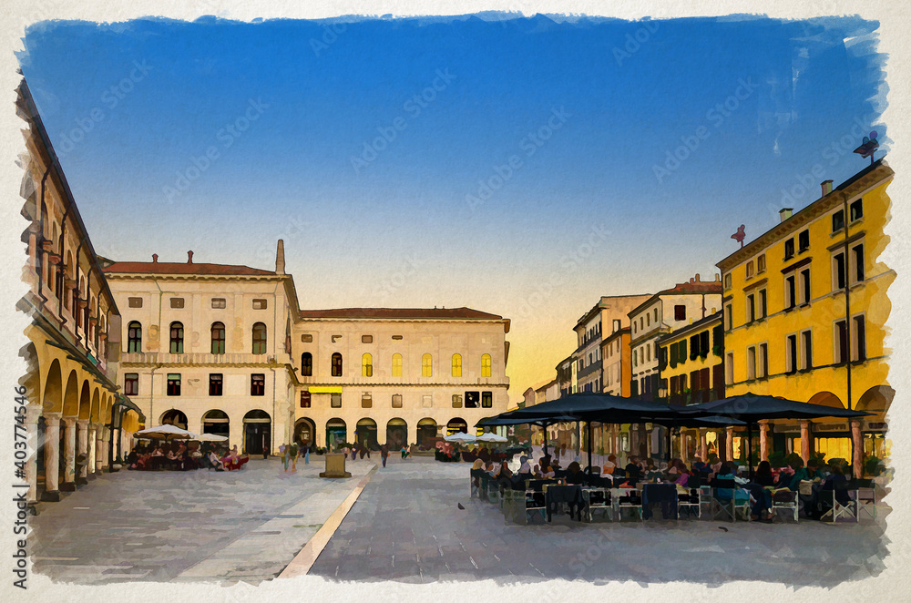 Watercolor drawing of Padua: restaurant tables in Piazza delle Erbe square in historical city centre of Padova, twilight evening view, golden sunset