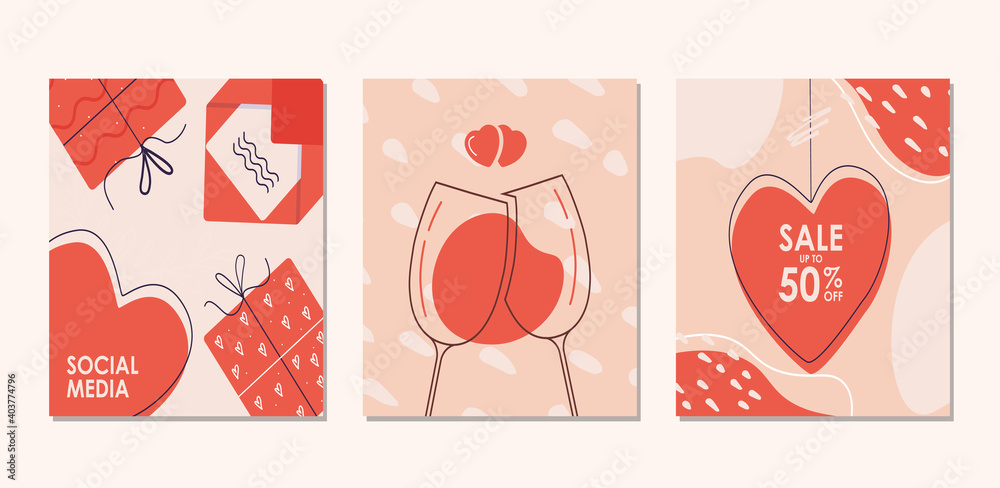Set for social media posts, a glass with a romantic gift and a discount Set for social media posts, a glass with a romantic gift and a discount