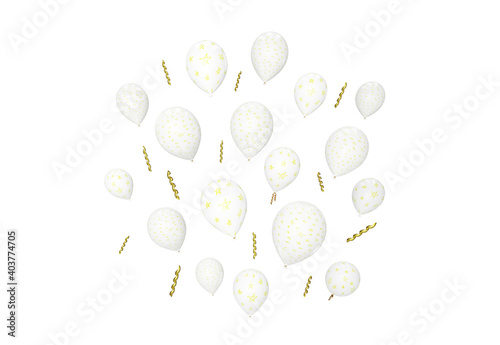 a lot of white stars balloons flying isolated on white, 3d render