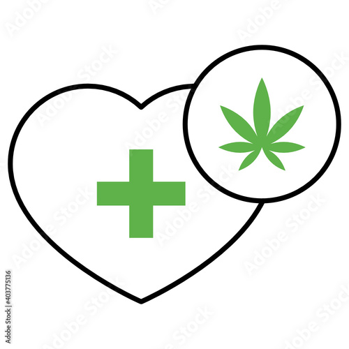 Cannabis for Heart and cardiovascular diseases concept vector icon design, Marijuana and psychoactive drug Symbol on white background, Hashish and Hemp Sign,