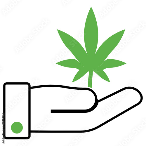 Cannabis health Care and Medical Concept, Weed Leaf with human hand Vector Icon Design, Marijuana and psychoactive drug Symbol on white background, Hashish and Hemp Sign,