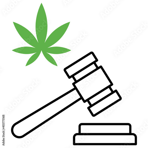 Cannabis law and Order Concept,  Hammer with Sativa Plant Leaf Vector Icon Design, Marijuana and psychoactive drug Symbol on white background, Hashish and Hemp Sign,