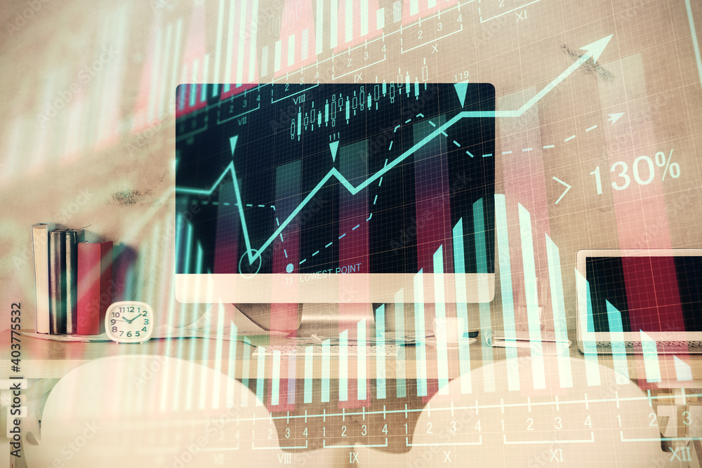 Multi exposure of stock market chart drawing and office interior background. Concept of financial analysis. Multi exposure of stock market chart drawing and office interior background. Concept of financial analysis.