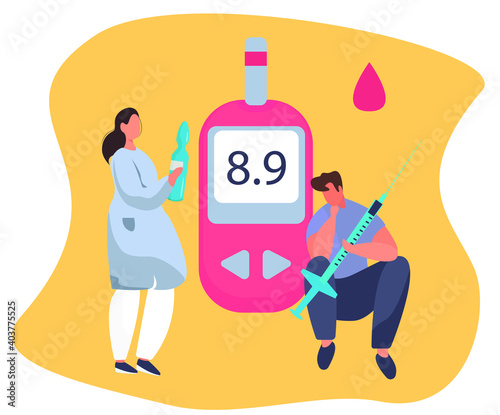 Doctor Giving Consultation to Diabetes Mellitus and Measuring Sugar with Meter Strip.Control Blood Glucose Level.Insulin Production.Diabetic Blood Glucose Level Test.Flat Vector Illustration