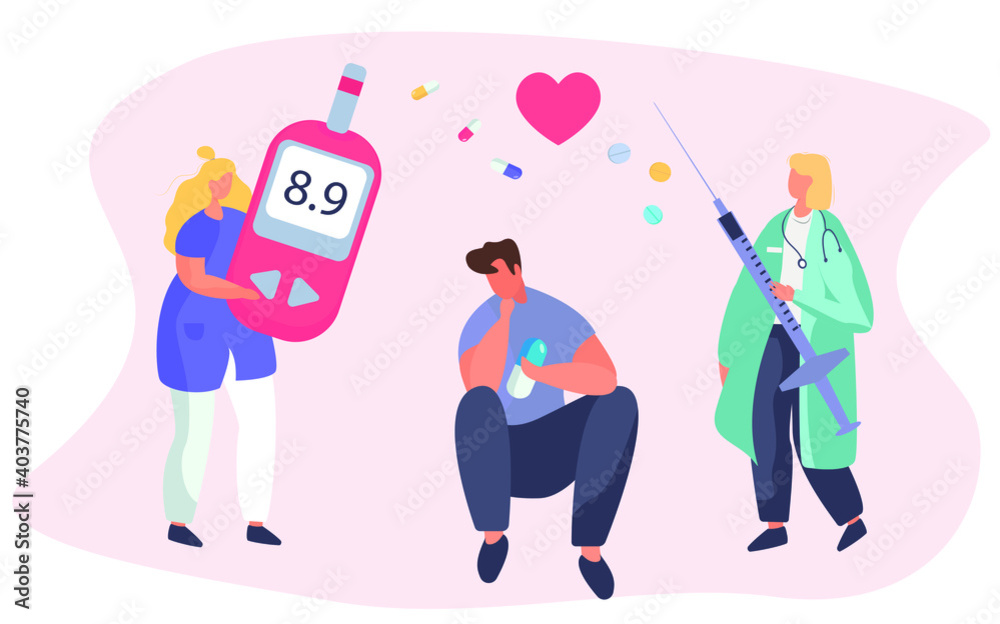 Doctor Giving Consultation to Diabetes Mellitus and Measuring Sugar with Meter Strip.Control Blood Glucose Level.Insulin Production.Diabetic Blood Glucose Level Test.Flat Vector Illustration Doctor Giving Consultation to Diabetes Mellitus and Measuring Sugar with Meter Strip.Control Blood Glucose Level.Insulin Production.Diabetic Blood Glucose Level Test.Flat Vector Illustration