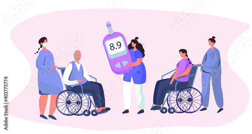 Doctor Giving Consultation to Diabetes Mellitus and Measuring Sugar with Meter Strip.Control Blood Glucose Level.Insulin Production.Diabetic Blood Glucose Level Test.Flat Vector Illustration