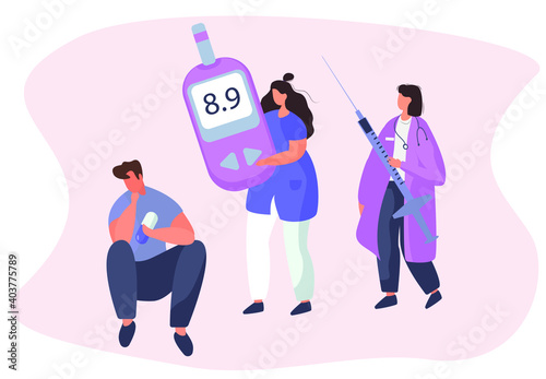 Doctor Giving Consultation to Diabetes Mellitus and Measuring Sugar with Meter Strip.Control Blood Glucose Level.Insulin Production.Diabetic Blood Glucose Level Test.Flat Vector Illustration