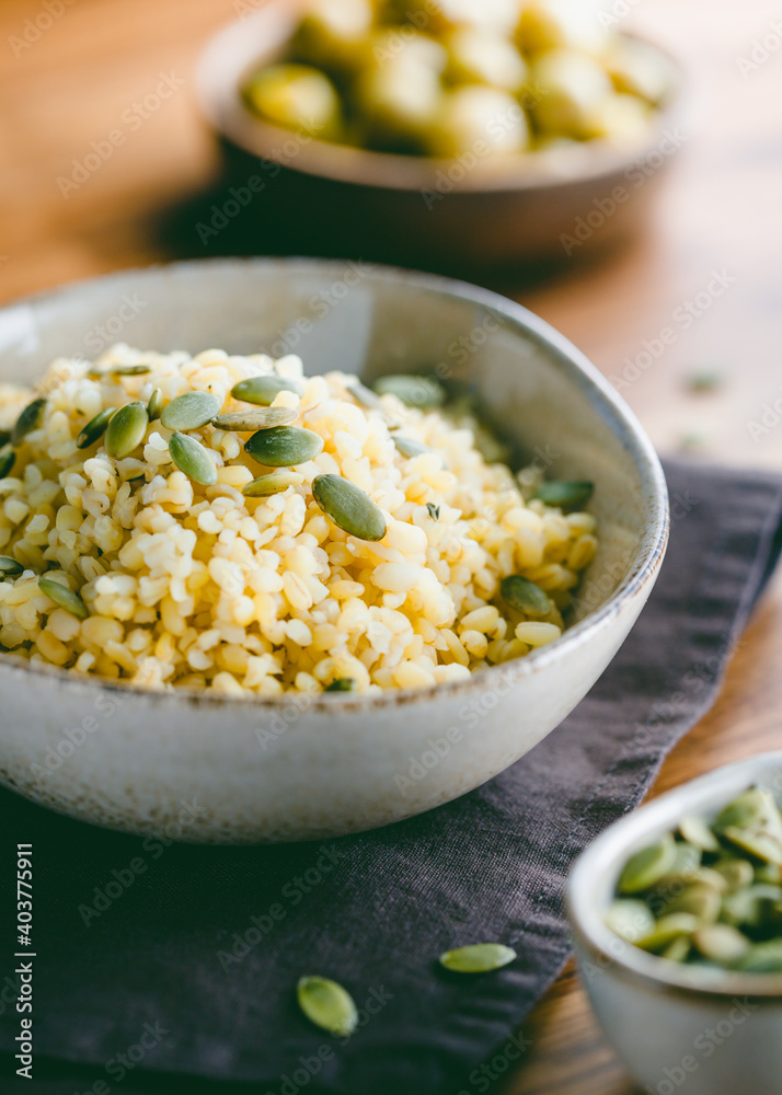 Bulgur with pepitas, healthy nutrition easy recipe from long-stored food. Bulgur with pepitas, healthy nutrition easy recipe from long-stored food.