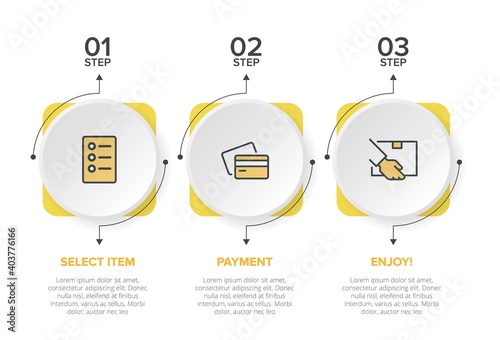 Concept of shopping process with 3 successive steps. Three colorful graphic elements. Timeline design for brochure, presentation, web site. Infographic design layout.