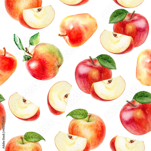 Watercolor seamless pattern apples isolated on white.