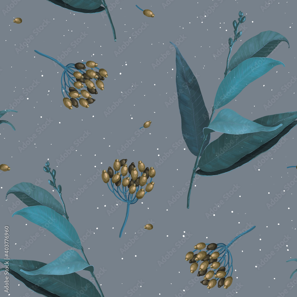 Seamless botanical pattern. Twigs with leaves and berries. Suitable for the design of wrapping paper, wallpaper, notebook covers, fabric.