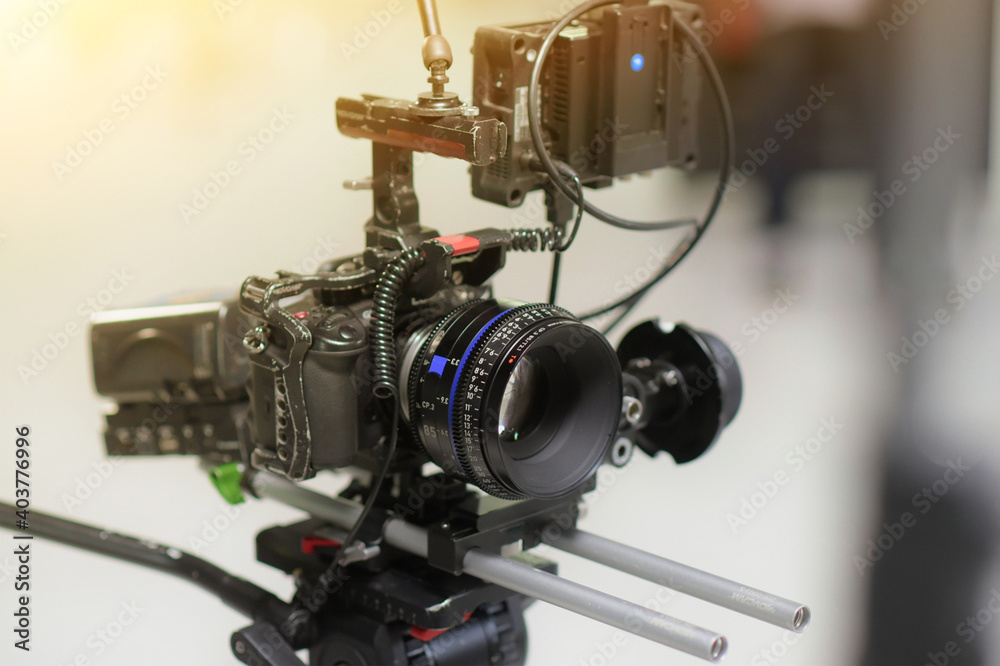 Professional video camera, lights and equipment all set up for an interview  in a studio setting. Stock Photo | Adobe Stock