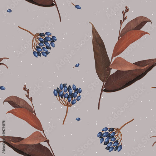 Seamless botanical pattern. Twigs with leaves and berries. Suitable for the design of wrapping paper, wallpaper, notebook covers, fabric. © Polina
