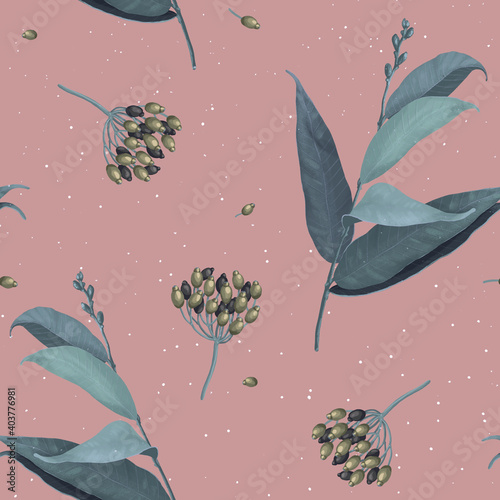 Seamless botanical pattern. Twigs with leaves and berries. Suitable for the design of wrapping paper  wallpaper  notebook covers  fabric.