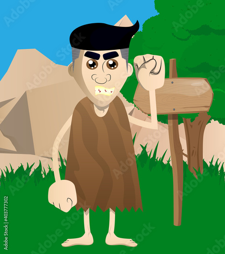 Cartoon prehistoric man making power to the people fist gesture. Vector illustration of a man from the stone age.