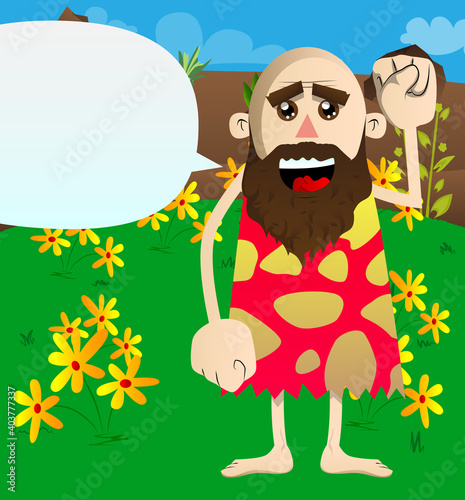Cartoon prehistoric man making power to the people fist gesture. Vector illustration of a man from the stone age.