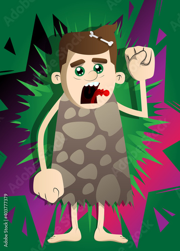 Cartoon prehistoric man making power to the people fist gesture. Vector illustration of a man from the stone age.