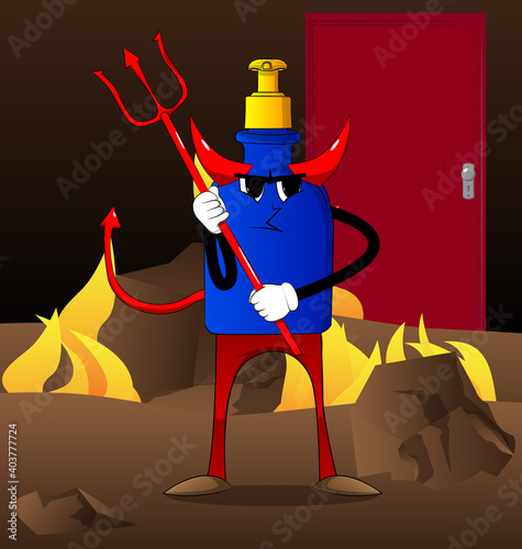 Cartoon bottle of hand sanitizer gel for hygiene with face as a devil with pitchfork.