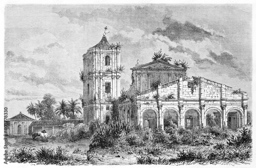 Saint-Michel mission church stone ruins overgrown with weeds outdoor in the nature, Paraguay. Ancient grey tone etching style art by Lancelot and Lavieille, Le Tour du Monde, 1861