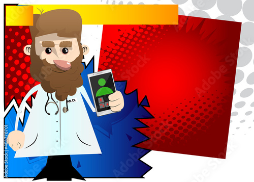 Funny cartoon doctor holding a cell phone in his hand. Vector illustration.