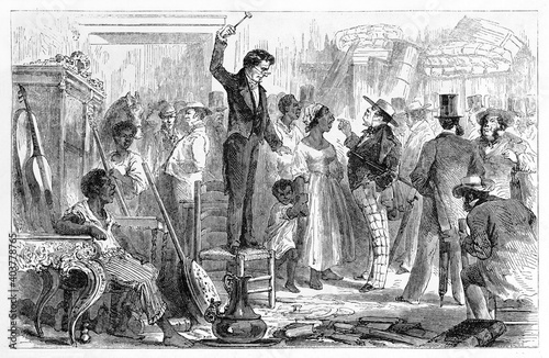 crowdy black slaves sale treated as objects place in Rio de Janeiro. Ancient grey tone etching style art by Riou, Le Tour du Monde, 1861
