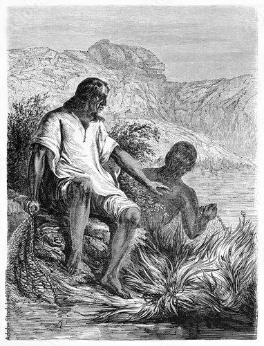 Two engraved portrait of Toba natives, Chaco region, seated in vegetation. Ancient grey tone etching style art by Pelcoq and Sargent, Le Tour du Monde, 1861