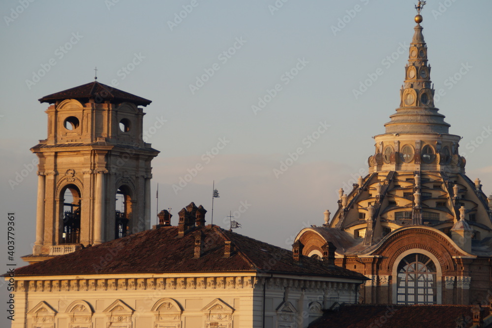 Italy, Turin: panoramic view of the Royal Palace and the Cathedral of the Shroud of Turin
